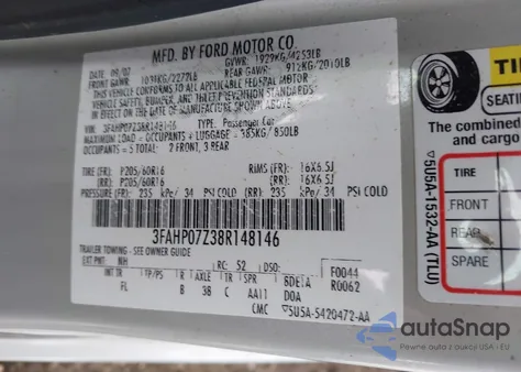 2008 Ford Fusion Se z USA, uszkodzony, nr VIN 3FAHP07Z38R148146